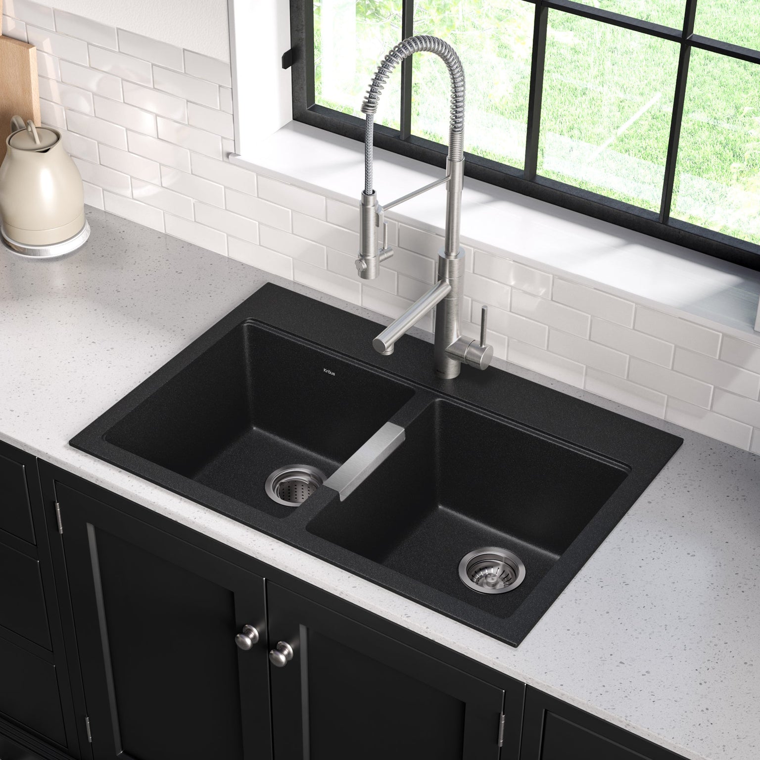 Composite Granite And Quartz Undermount Sinks DirectSinks   KRAUS 33 Dual Mount 5050 Double Bowl Black Onyx Granite Kitchen Sink 2 1536x1536 