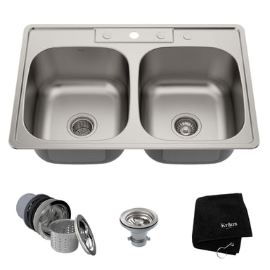 KRAUS 33 Inch Topmount 50/50 Double Bowl 18 Gauge Stainless Steel Kitchen Sink with NoiseDefendÃ€ž Soundproofing-Kitchen Sinks-KRAUS
