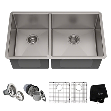 KRAUS 33 Inch Undermount 40/60 Double Bowl 16 Gauge Stainless Steel Kitchen Sink with NoiseDefendÃ€ž Soundproofing-Kitchen Sinks-KRAUS