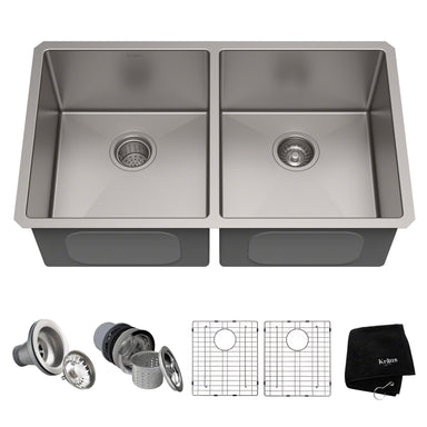 KRAUS 33 Inch Undermount 50/50 Double Bowl 16 Gauge Stainless Steel Kitchen Sink with NoiseDefendÃ€ž Soundproofing-Kitchen Sinks-KRAUS