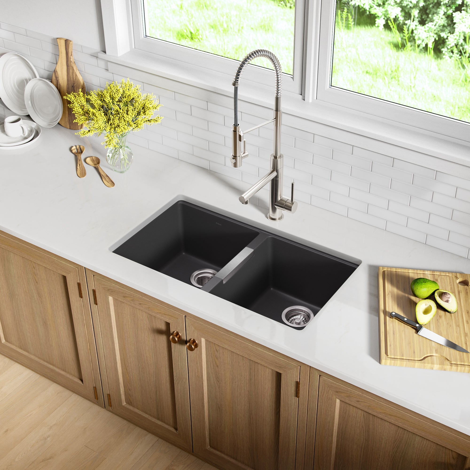 KRAUS 33" Undermount 50/50 Double Bowl Black Onyx Granite Kitchen Sink-Kitchen Sinks-DirectSinks