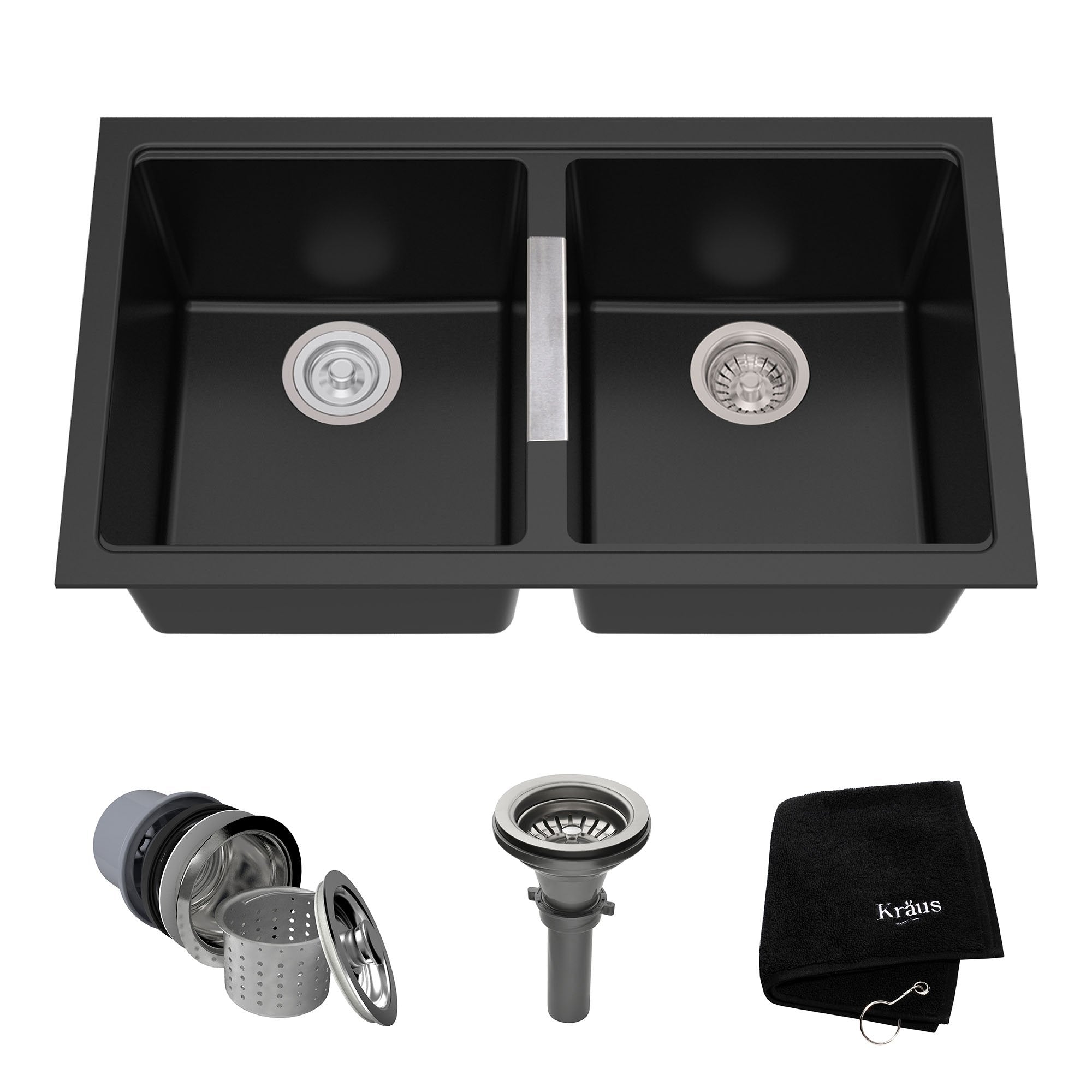 KRAUS 33 Inch Undermount 50/50 Double Bowl Black Onyx Granite Kitchen Sink-Kitchen Sinks-KRAUS