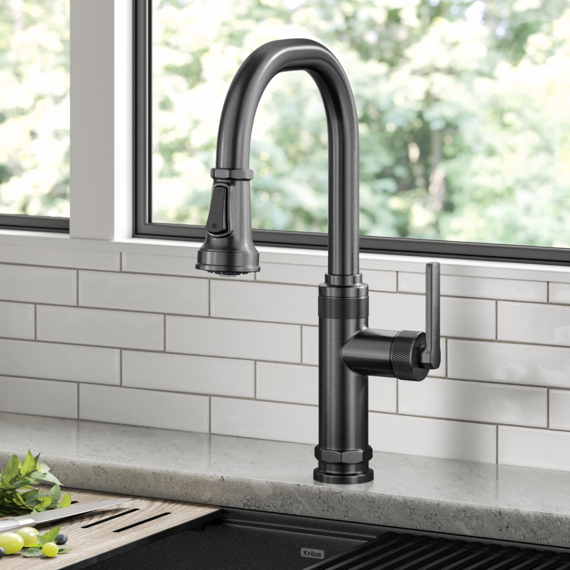 KRAUS Allyn Black Stainless Nut & Bolt Diamond Cut Kitchen Faucet-Kitchen Faucets-DirectSinks