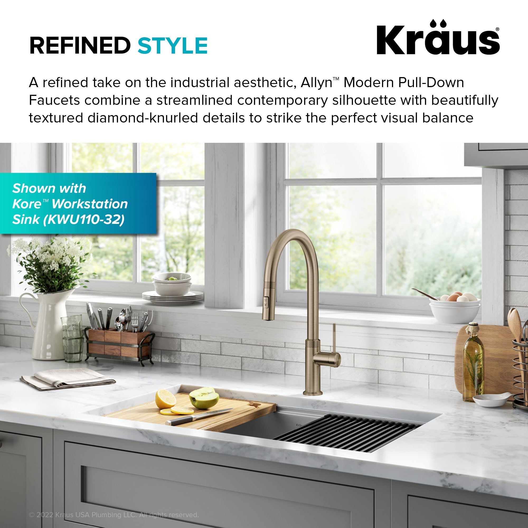 KRAUS Allyn Brushed Gold Single Handle Kitchen Faucet with Diamond Cut-Kitchen Faucets-DirectSinks