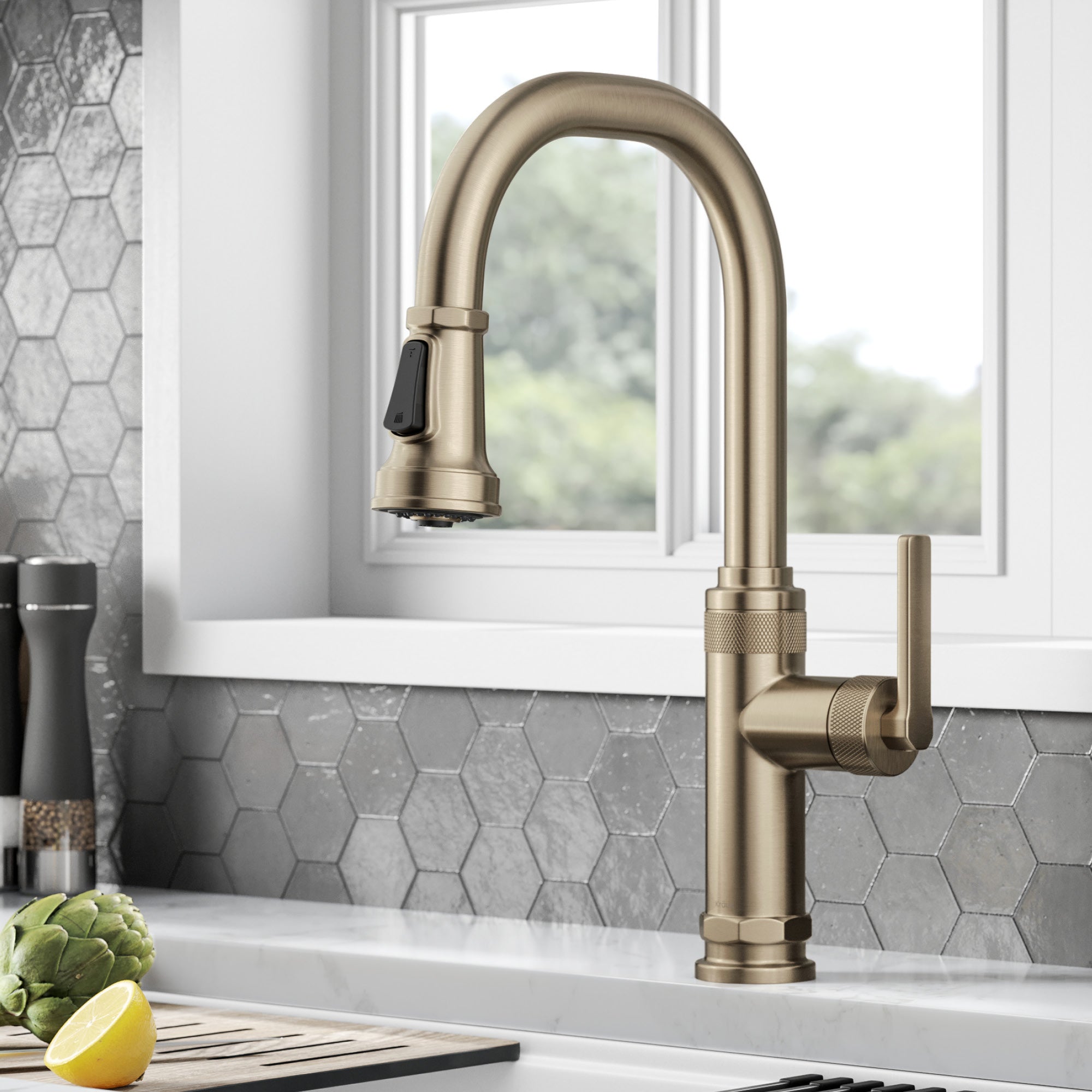 KRAUS Allyn Nut & Bolt Diamond Cut Kitchen Faucet in Antique Champagne Bronze-Kitchen Faucets-DirectSinks