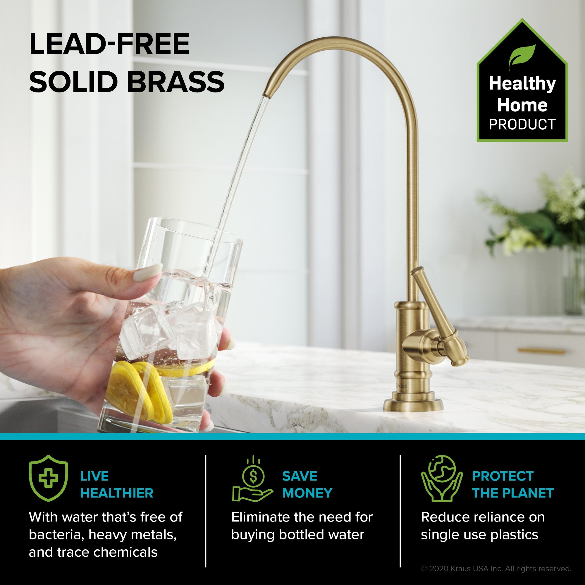 KRAUS Allyn Transitional Bridge Kitchen Faucet & Water Filter Faucet in Brushed Gold KPF-3121-FF-102BG | DirectSinks