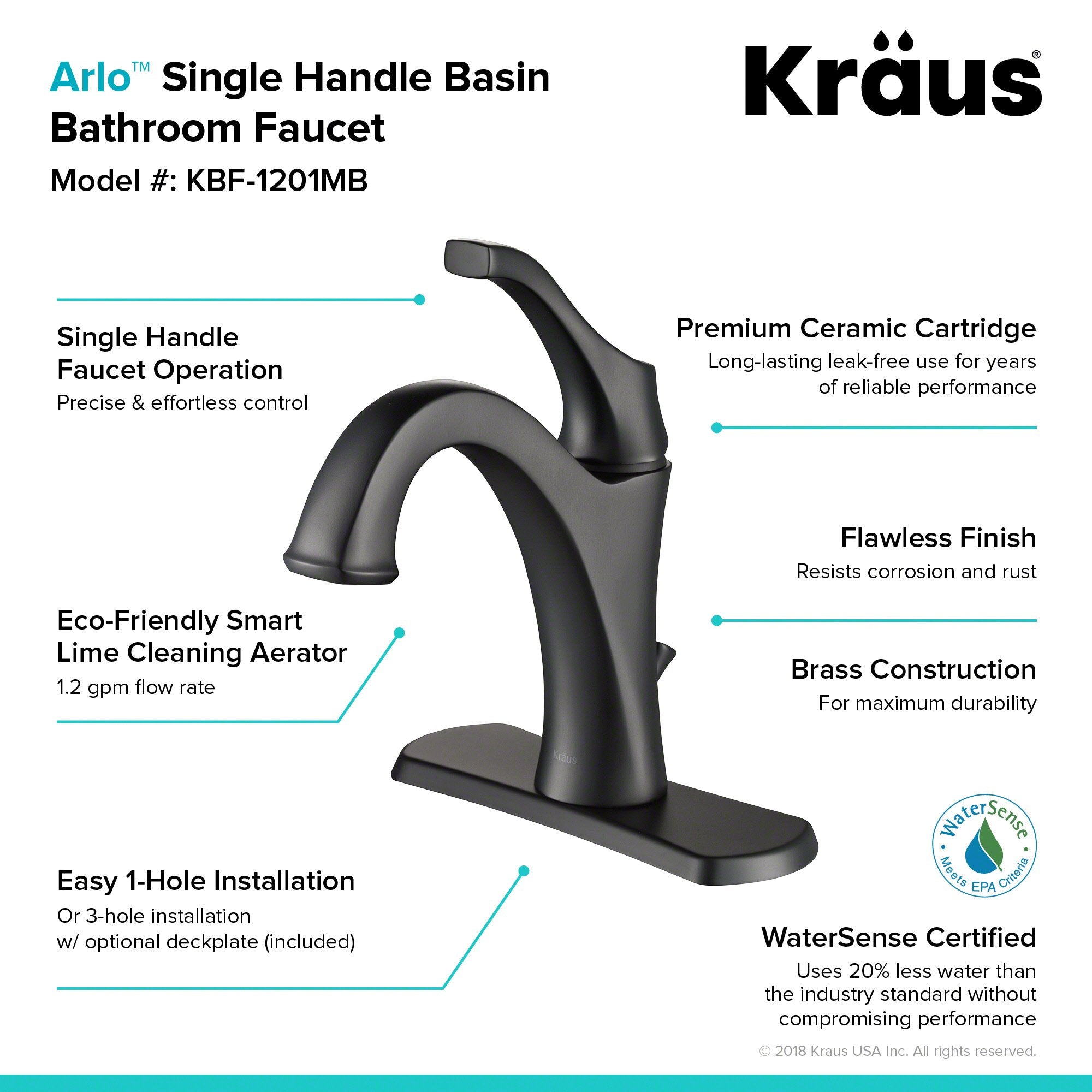KRAUS Arlo Single Handle Bathroom Faucet with Lift Rod Drain and Deck Plate in Matte Black KBF-1201MB-2PK | DirectSinks