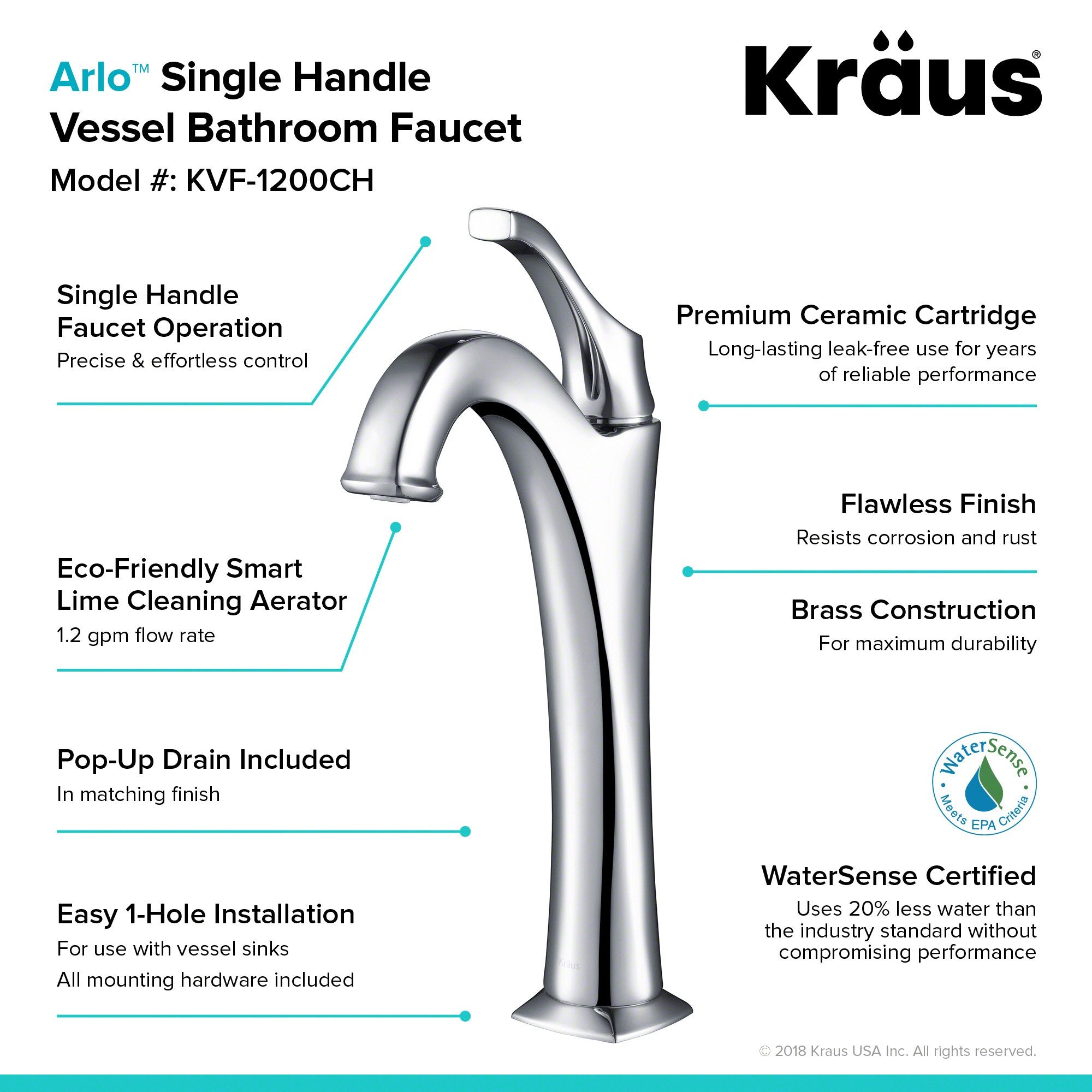 KRAUS Arlo Single Handle Vessel Bathroom Faucet in Chrome KVF-1200CH | DirectSinks