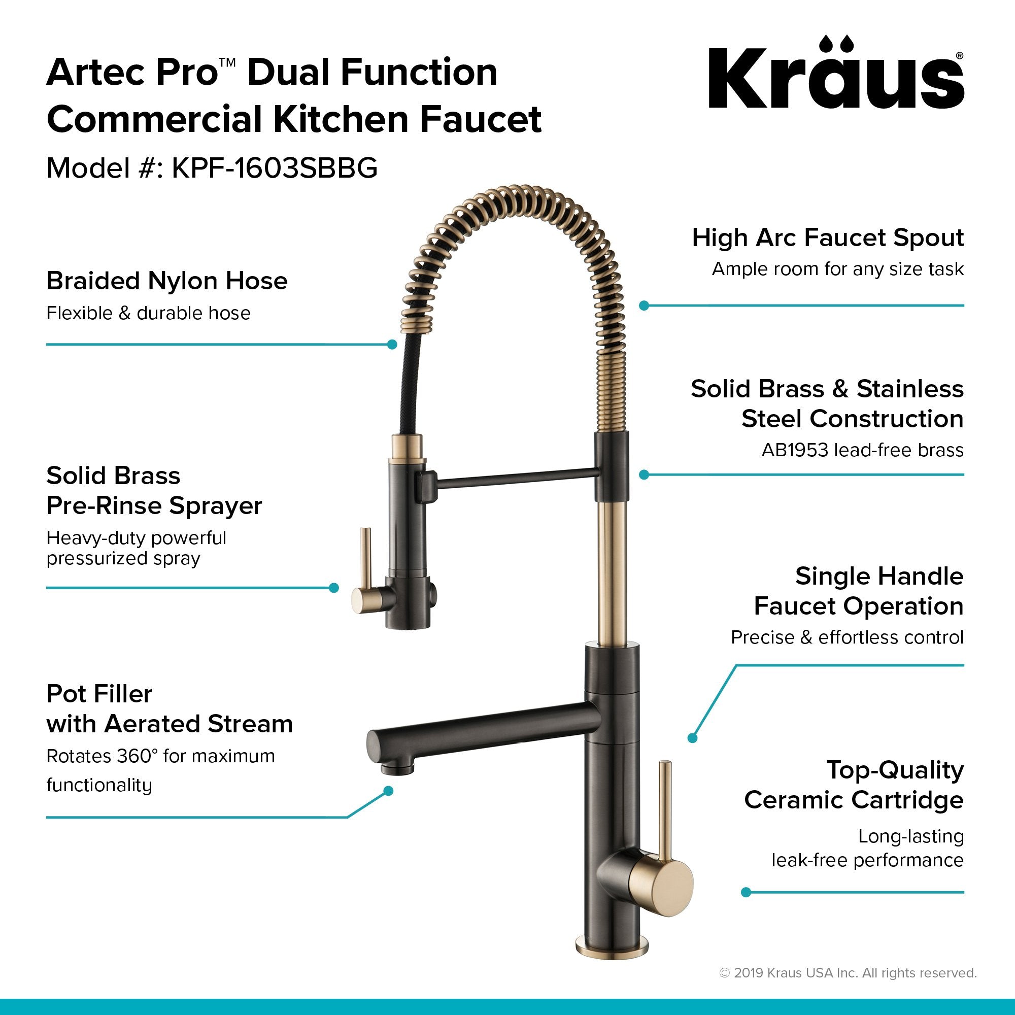 KRAUS Artec Pro 2-Function Commercial Style Pre-Rinse Kitchen Faucet with Matching Deck Plate in Black Stainless/Brushed Gold KPF-1603SBBG-DP03SB | DirectSinks