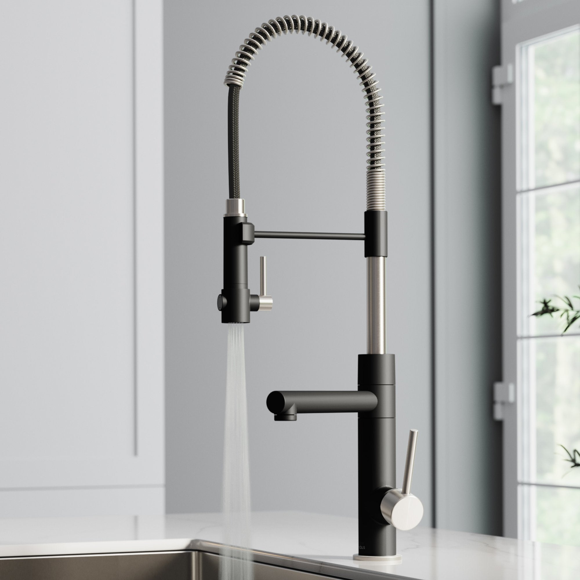 KRAUS Artec Pro 2-Function Commercial Style Pre-Rinse Kitchen Faucet with Soap Dispenser in Spot Free Stainless Steel/Matte Black KPF-1603SFSMB-KSD-32MB | DirectSinks