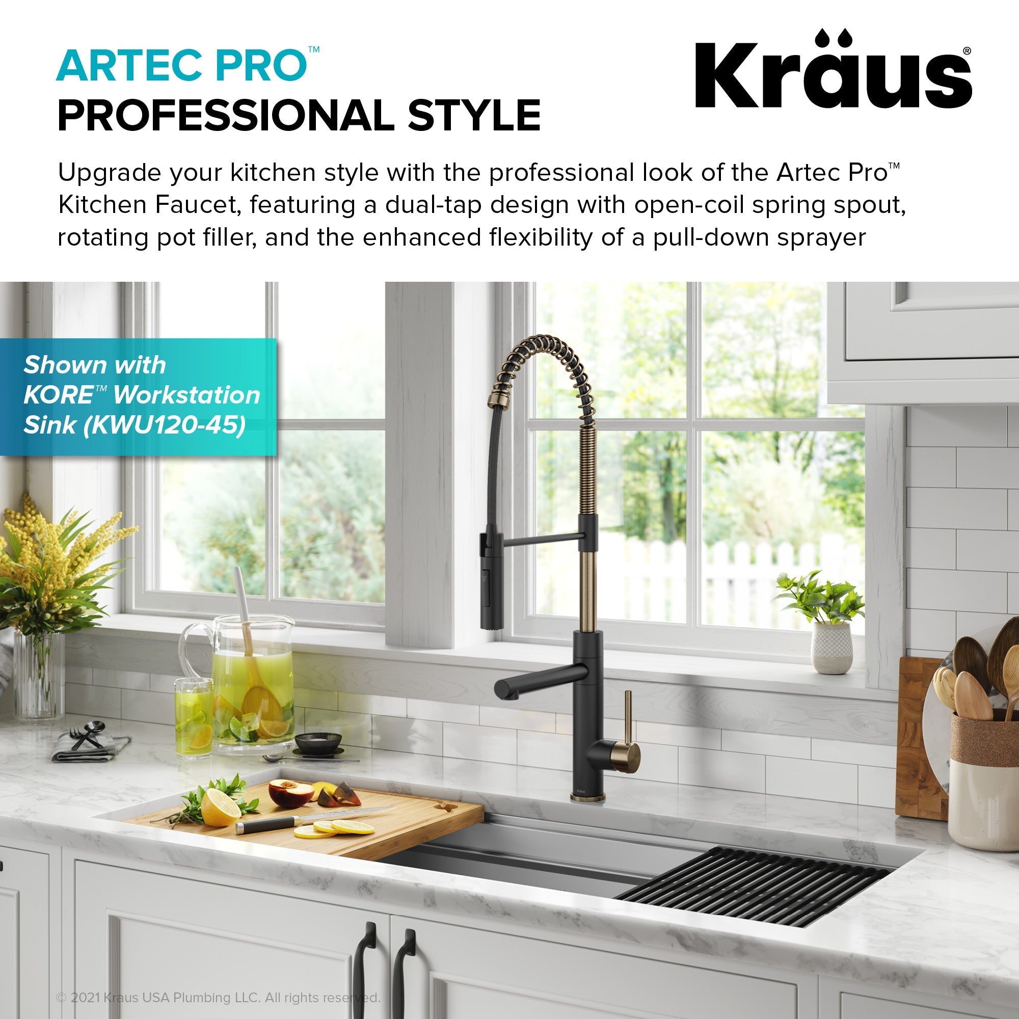 KRAUS Artec Pro Commercial Style  Single Handle Kitchen Faucet with Pot Filler in Spot Free Antique Champagne Bronze / Matte Black-Kitchen Faucets-DirectSinks
