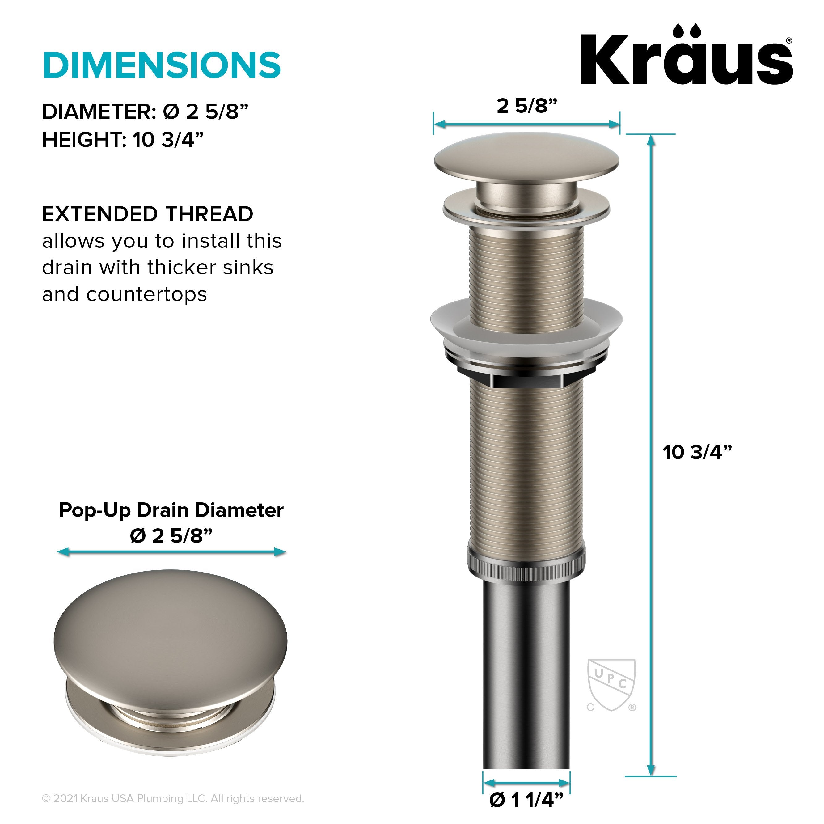 PU-L10SN-KRAUS Satin Nickel Bathroom Sink Pop-Up Drain with Extended Thread
