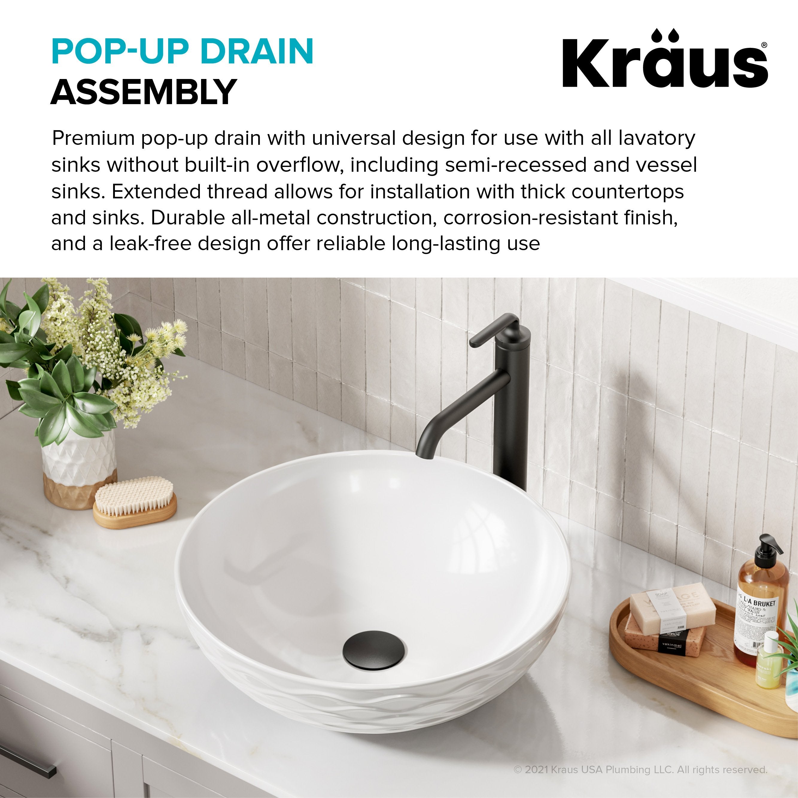PU-L10MB-KRAUS Matte Black Bathroom Sink Pop-Up Drain with Extended Thread 