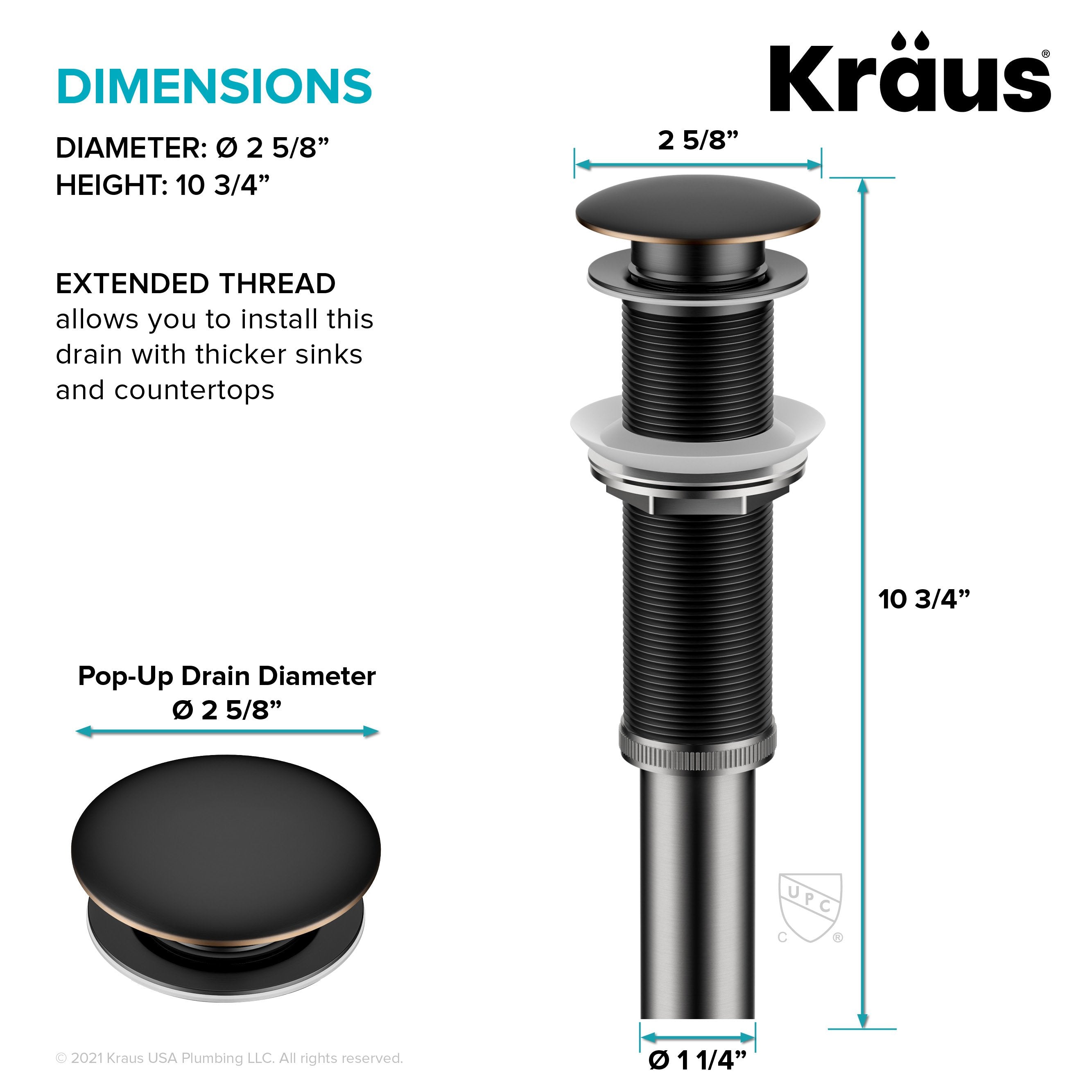 PU-L10ORB-KRAUS Bathroom Sink Pop-Up Drain with Extended Thread in Oil Rubbed Bronze