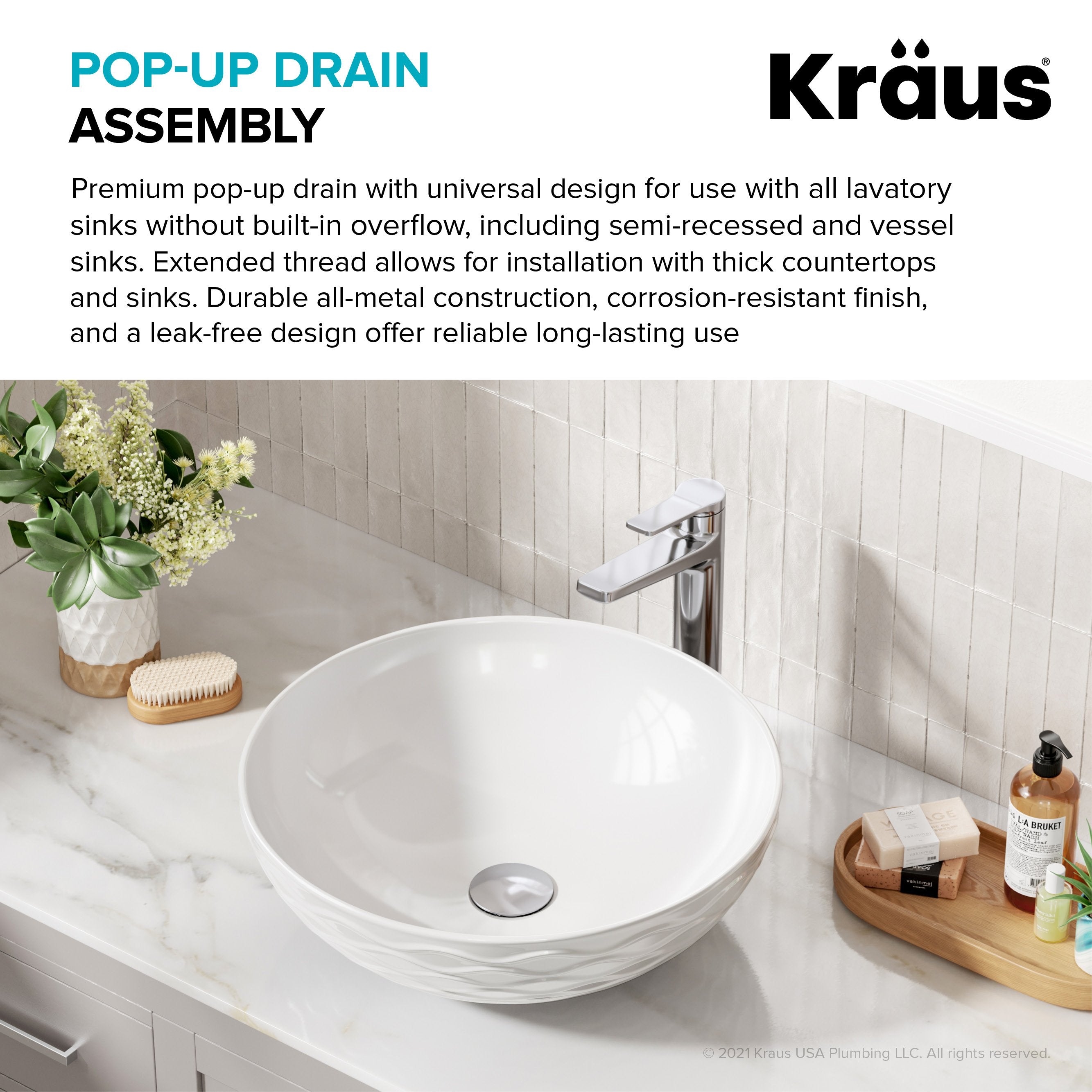 PU-L10CH-KRAUS Chrome Bathroom Sink Pop-Up Drain with Extended Thread