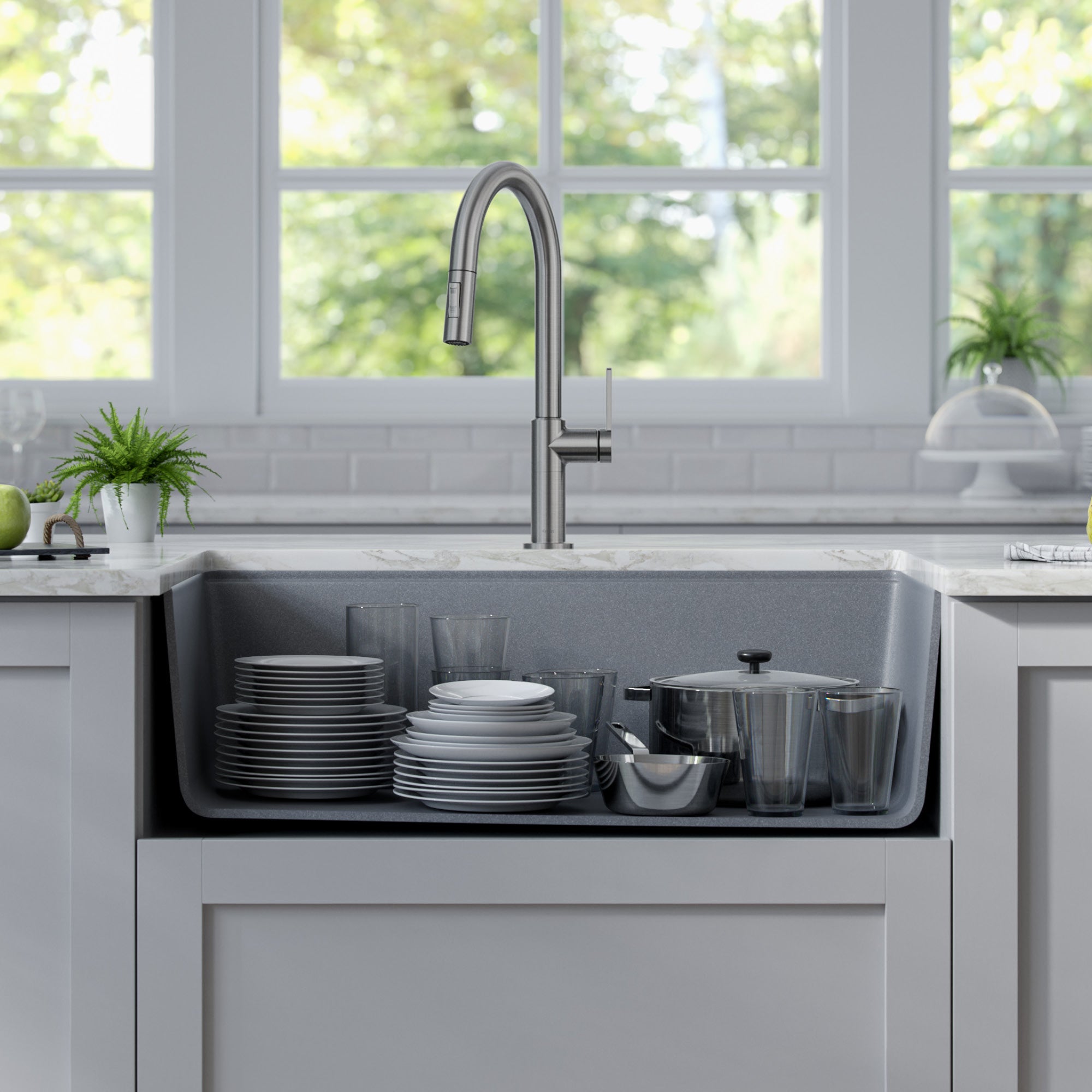 KRAUS Bellucci Workstation 33" Undermount Granite Composite Kitchen Sink in Metallic Gray with Accessories-Kitchen Sinks-DirectSinks