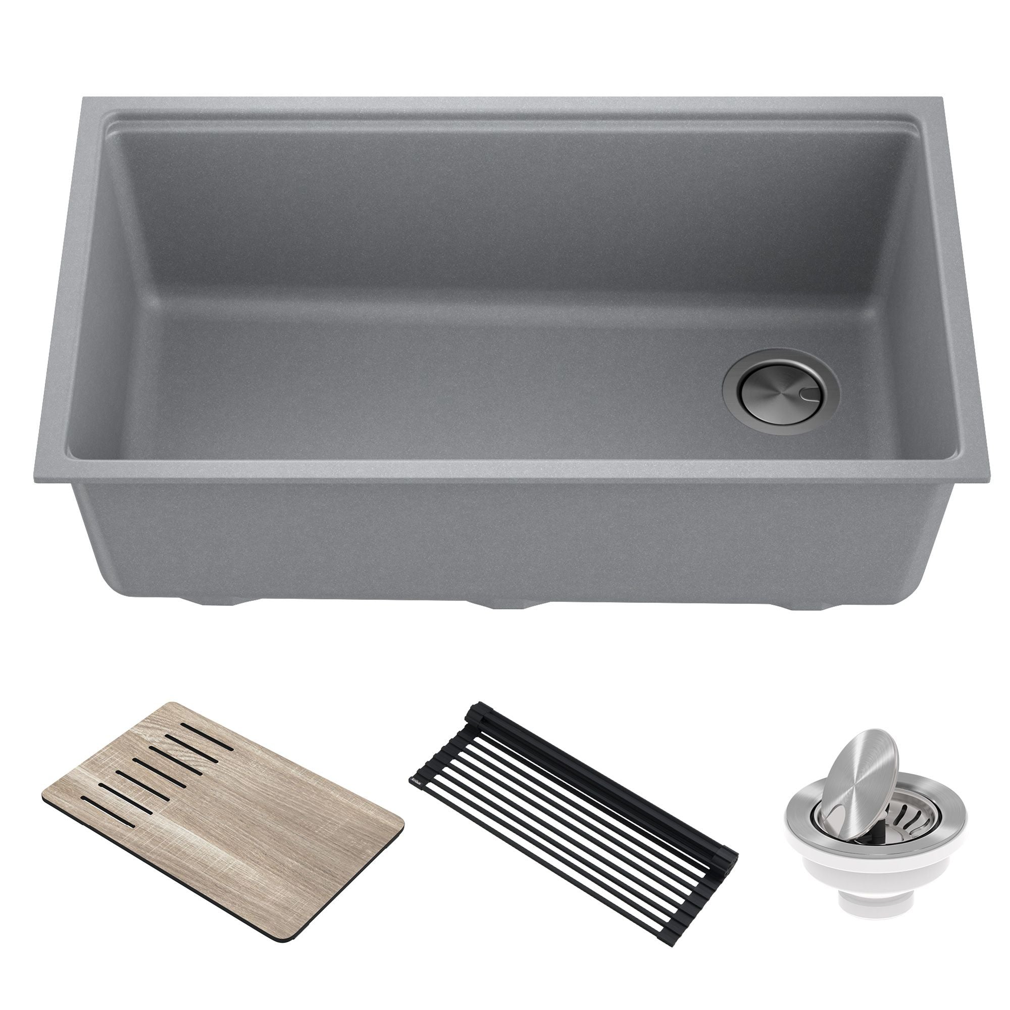 KRAUS Bellucci Workstation 33" Undermount Granite Composite Kitchen Sink in Metallic Gray with Accessories-Kitchen Sinks-KRAUS