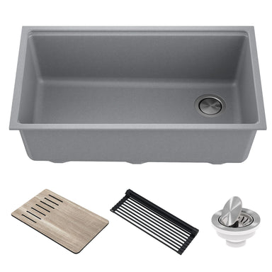 KRAUS Bellucci Workstation 33" Undermount Granite Composite Kitchen Sink in Metallic Gray with Accessories-Kitchen Sinks-KRAUS