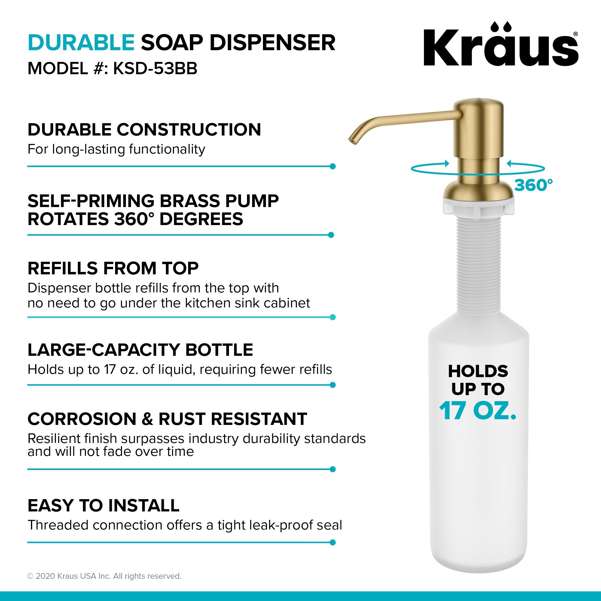 KRAUS Boden Kitchen Soap and Lotion Dispenser in Brushed Brass-Soap Dispensers-KRAUS
