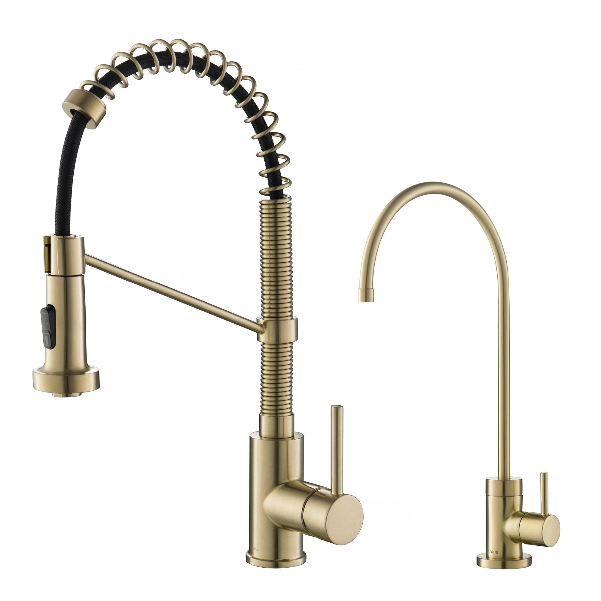 KRAUS Bolden Commercial Style Pull-Down Kitchen Faucet and Purita Water Filter Faucet Combo in Brushed Gold KPF-1610-FF-100BG | DirectSinks