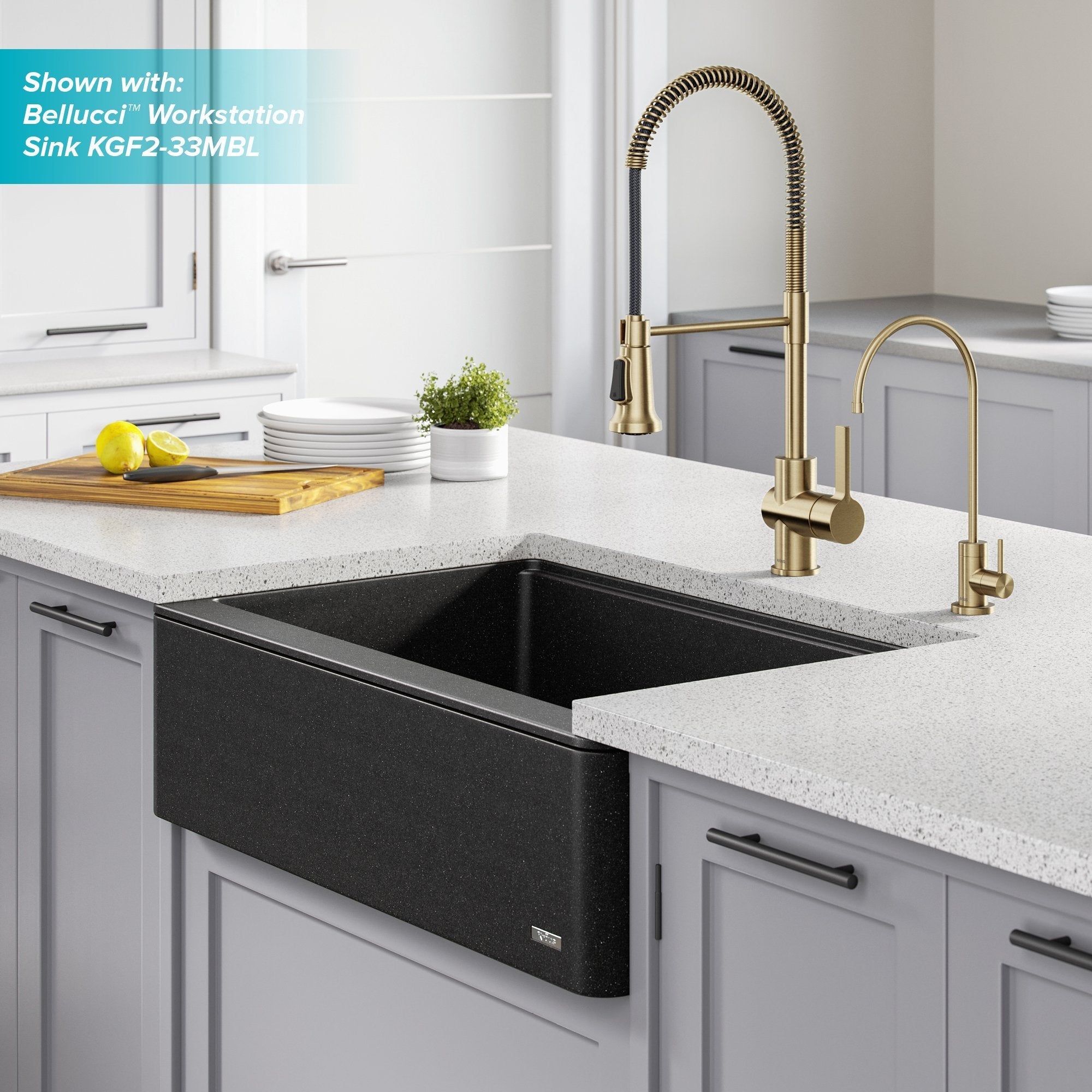 KRAUS Britt Commercial Style Kitchen Faucet and Purita Water Filter Faucet Combo in Brushed Gold KPF-1690-FF-100BG | DirectSinks