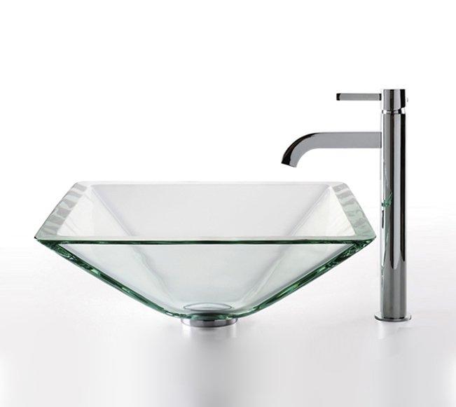 Kraus Clear Aquamarine Glass Vessel Sink and Ramus Faucet-DirectSinks