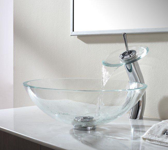 Kraus Crystal Clear Glass Vessel Sink and Waterfall Faucet-DirectSinks