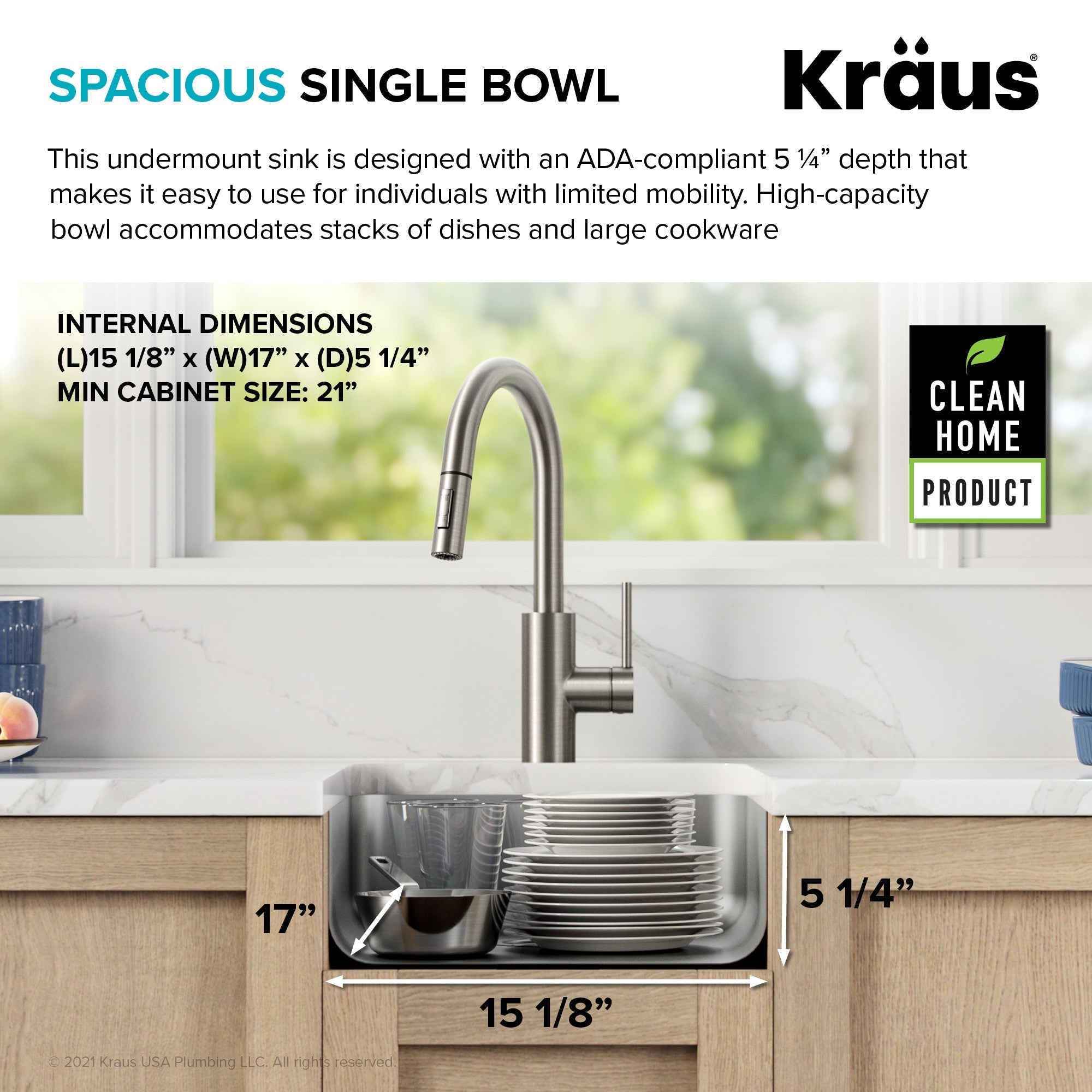 KRAUS Dex 17" Undermount 16 Gauge Stainless Steel ADA Kitchen Sink-Kitchen Sinks-DirectSinks