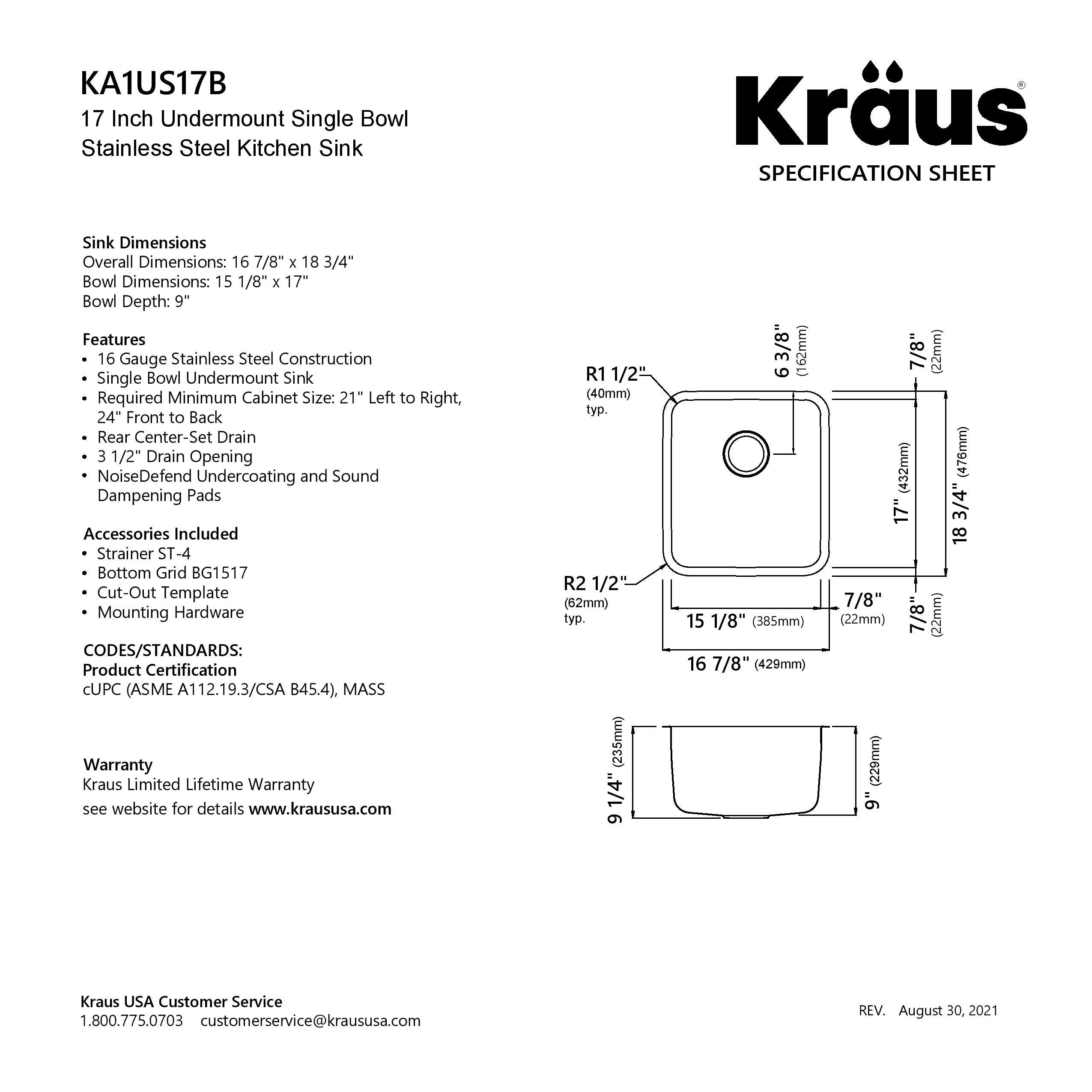 KRAUS Dex 17" Undermount 16 Gauge Stainless Steel Kitchen Sink-Kitchen Sinks-DirectSinks
