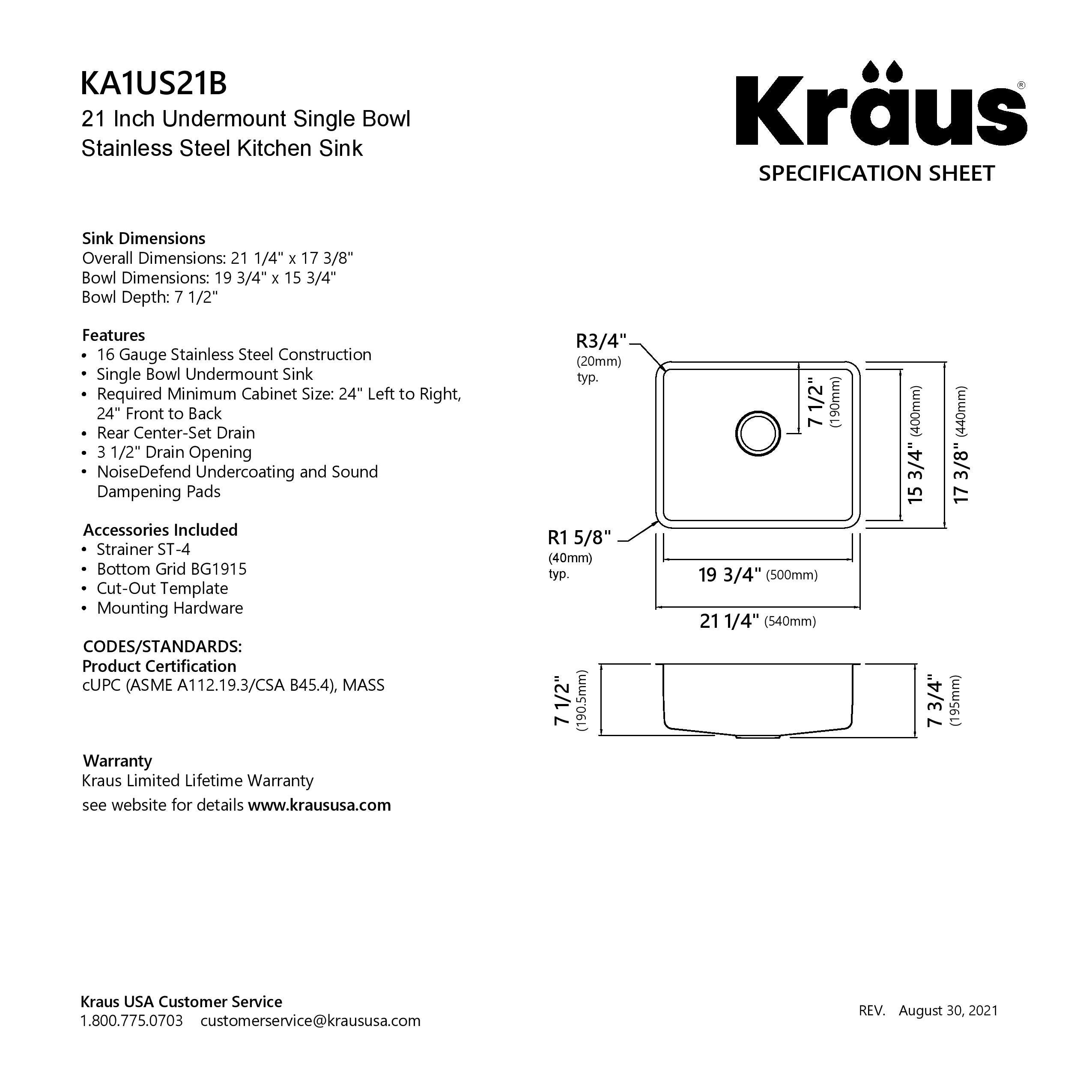 KRAUS Dex 21" Undermount 16 Gauge Stainless Steel Kitchen Sink-Kitchen Sinks-DirectSinks
