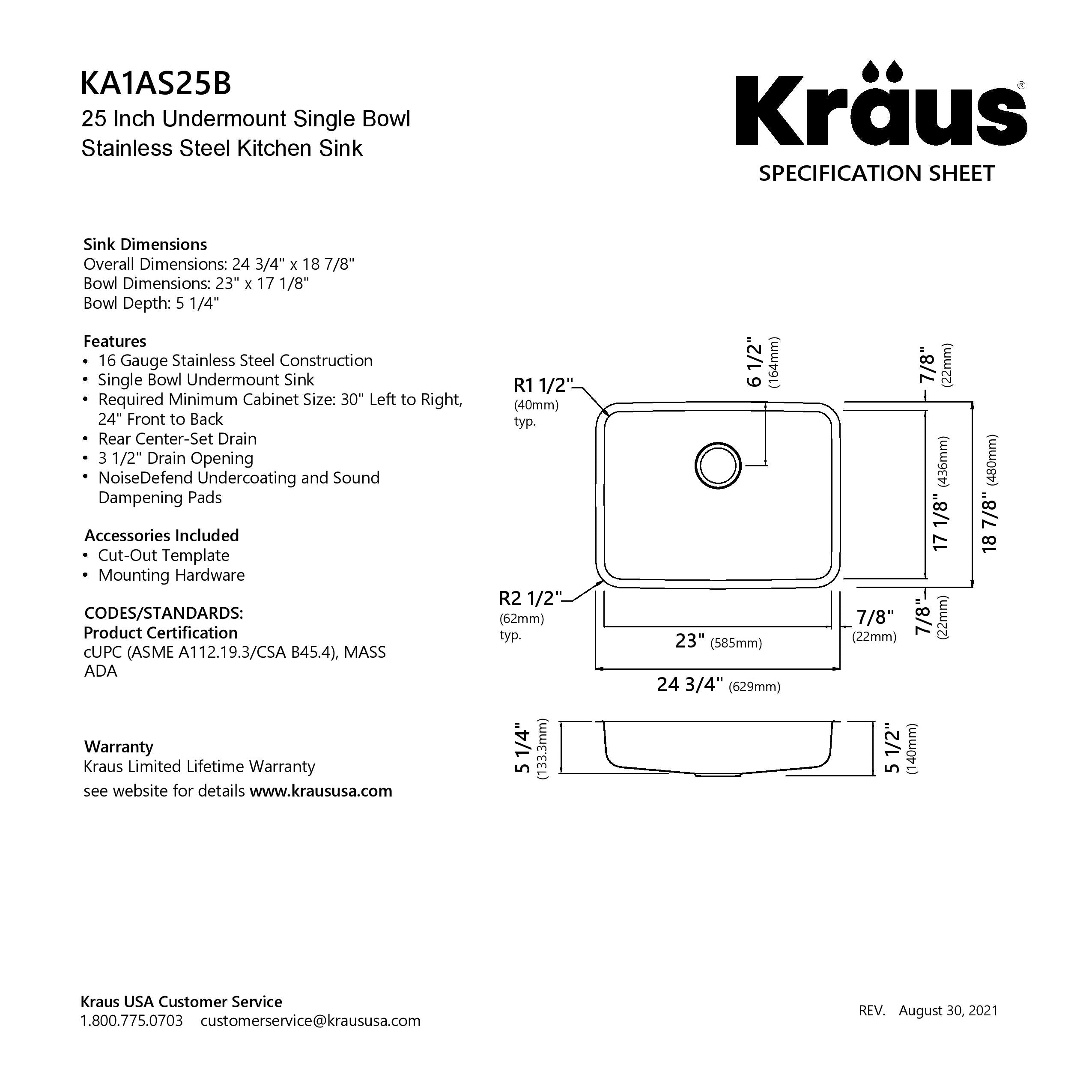 KRAUS Dex 25" Undermount 16 Gauge Stainless Steel ADA Kitchen Sink-Kitchen Sinks-DirectSinks