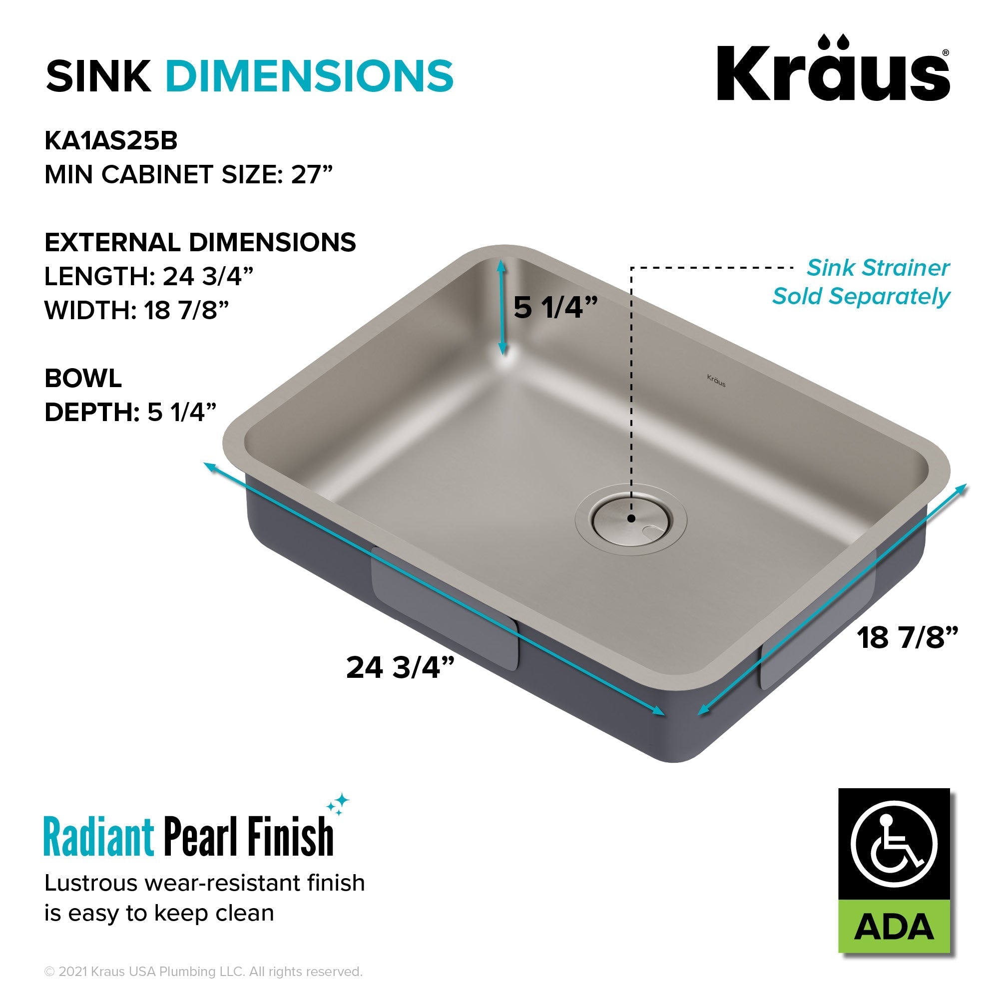KRAUS Dex 25" Undermount 16 Gauge Stainless Steel ADA Kitchen Sink-Kitchen Sinks-DirectSinks