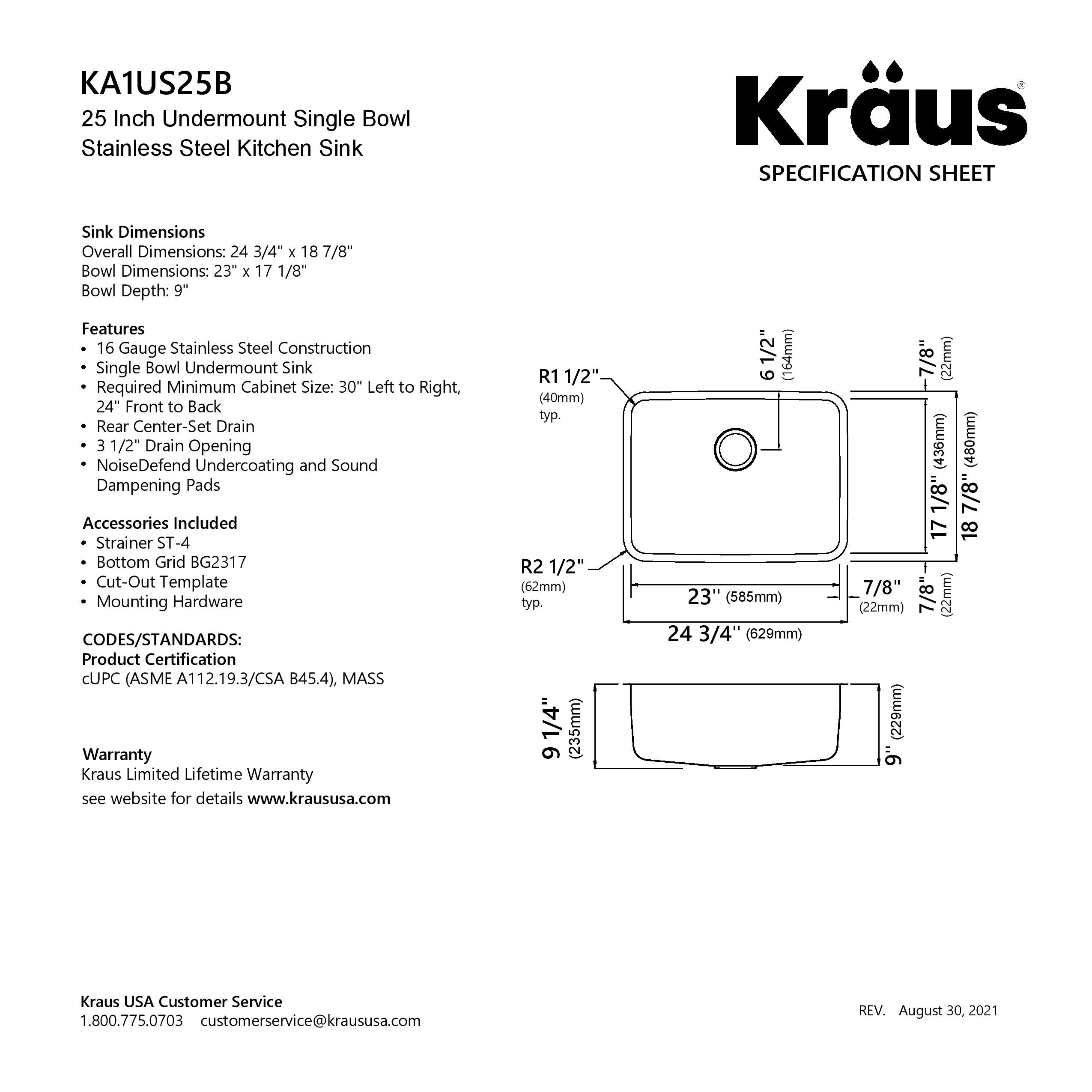 KRAUS Dex 25" Undermount 16 Gauge Stainless Steel Kitchen Sink-Kitchen Sinks-DirectSinks