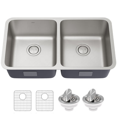 KRAUS Dex 33" Undermount 16 Gauge Antibacterial Stainless Steel Double Bowl Kitchen Sink-Kitchen Sinks-KRAUS