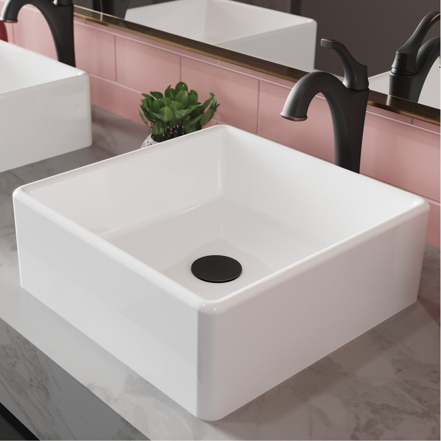 KRAUS Elavo 15-Inch Square White Porcelain Ceramic Bathroom Vessel Sink and Arlo Faucet Combo Set with Pop-Up Drain-Bathroom Sinks & Faucet Combos-DirectSinks