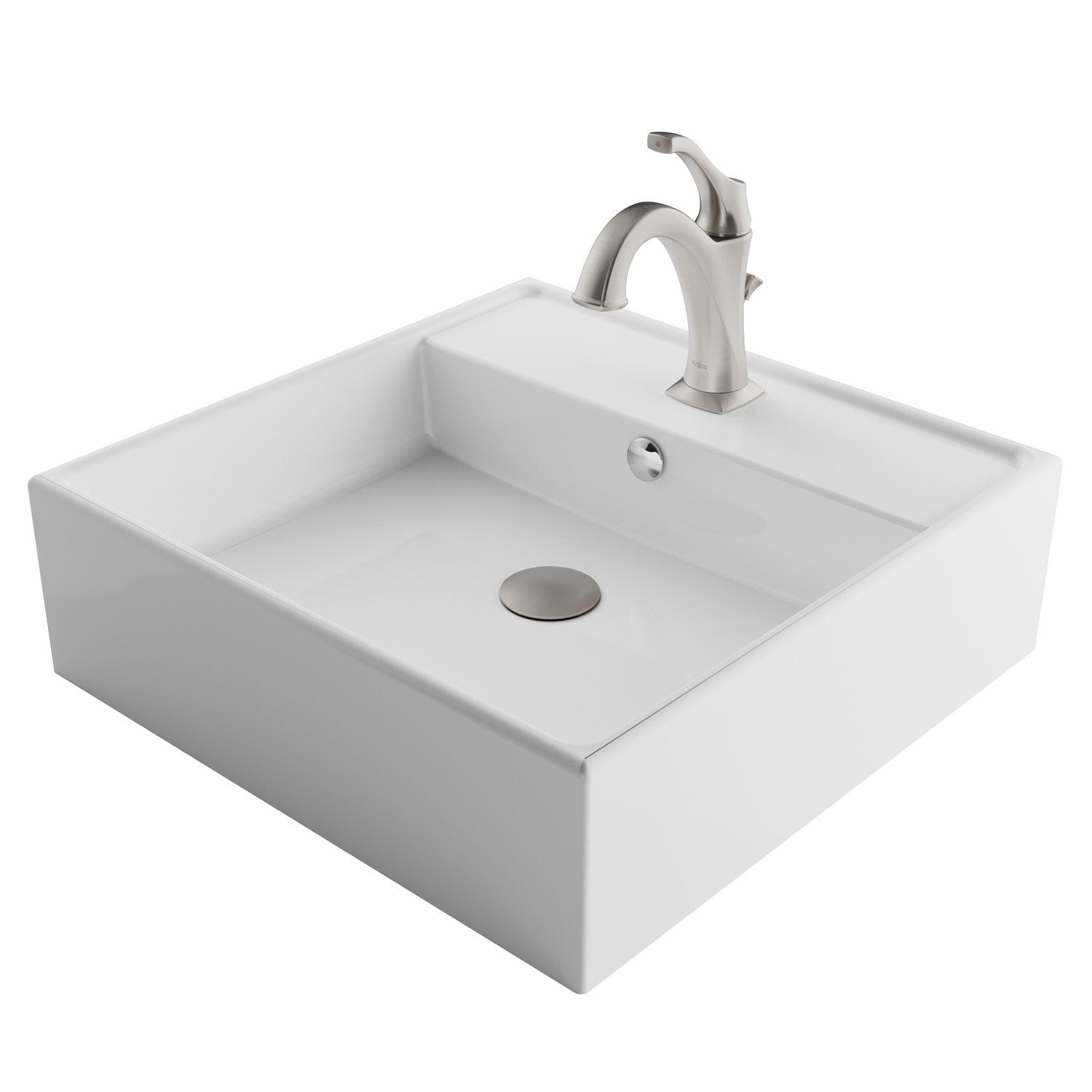 KRAUS Elavo 18 1/2-Inch Square White Porcelain Ceramic Bathroom Vessel Sink with Overflow and Arlo Faucet Combo Set with Lift Rod Drain-Bathroom Sinks & Faucet Combos-DirectSinks
