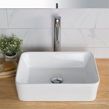 KRAUS Elavo 19" White Rectangular Porcelain Bathroom Vessel Sink with Ramus Single Handle Vessel Bathroom Sink Faucet with Pop-Up Drain-Bathroom Sinks & Faucet Combos-KRAUS