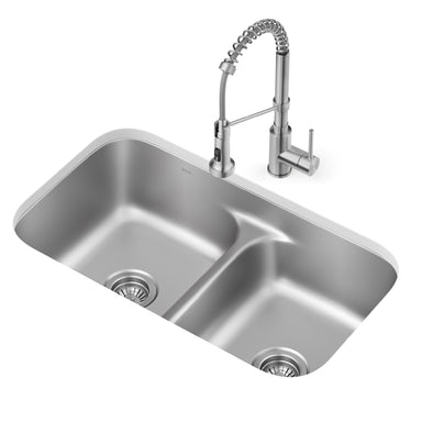 KRAUS Ellis 33-Inch 18 Gauge Undermount Kitchen Sink Combo Set with Bolden 18-Inch Pull-Down Commercial Kitchen Faucet in Stainless Steel-Kitchen Sink & Faucet Combos-KRAUS