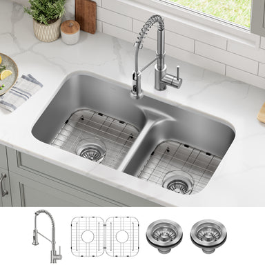 KRAUS Ellis 33-Inch 18 Gauge Undermount Kitchen Sink Combo Set with Bolden 18-Inch Pull-Down Commercial Kitchen Faucet in Stainless Steel-Kitchen Sink & Faucet Combos-KRAUS