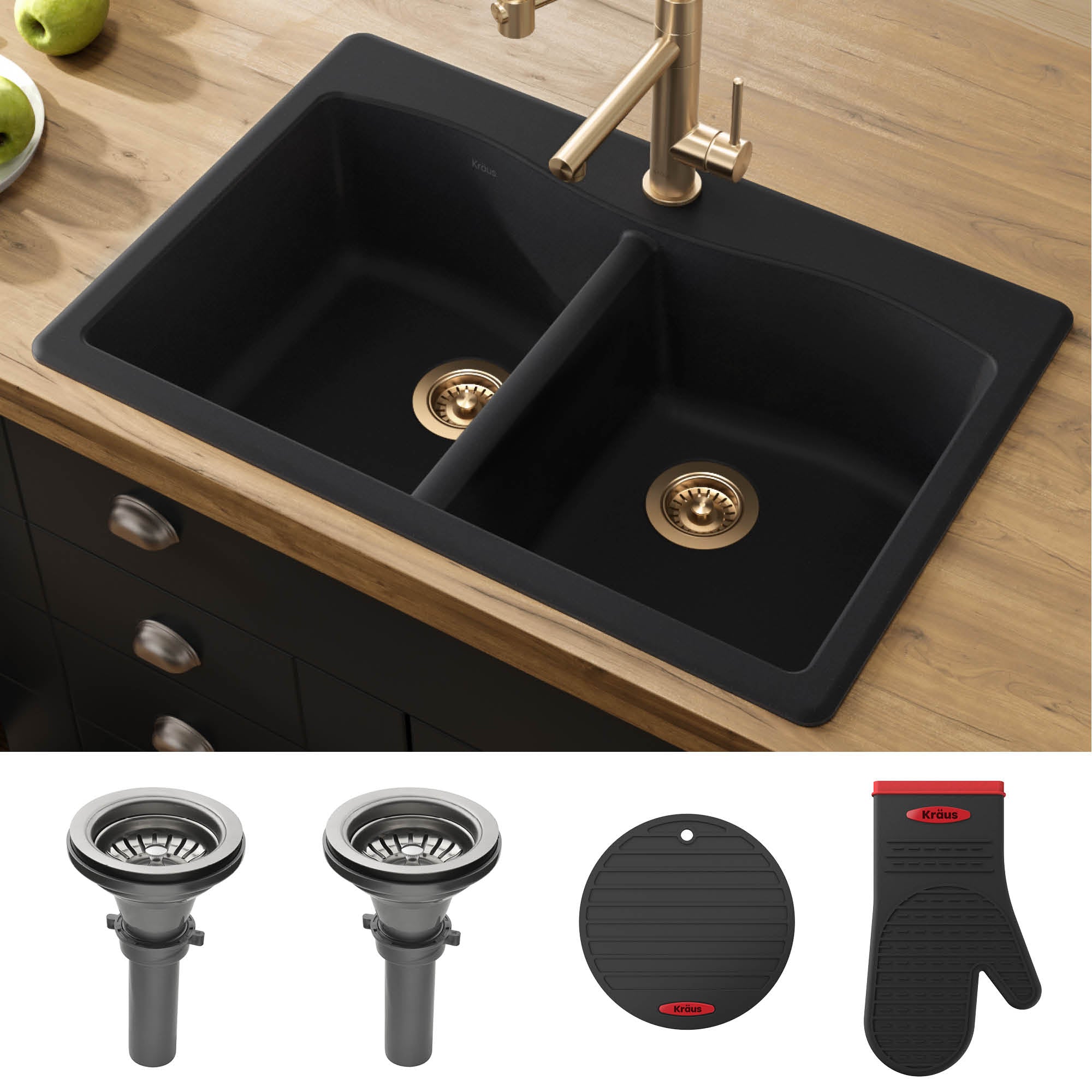KRAUS Forteza 33" Dual Mount 50/50 Double Bowl Granite Kitchen Sink in Black-Kitchen Sinks-DirectSinks