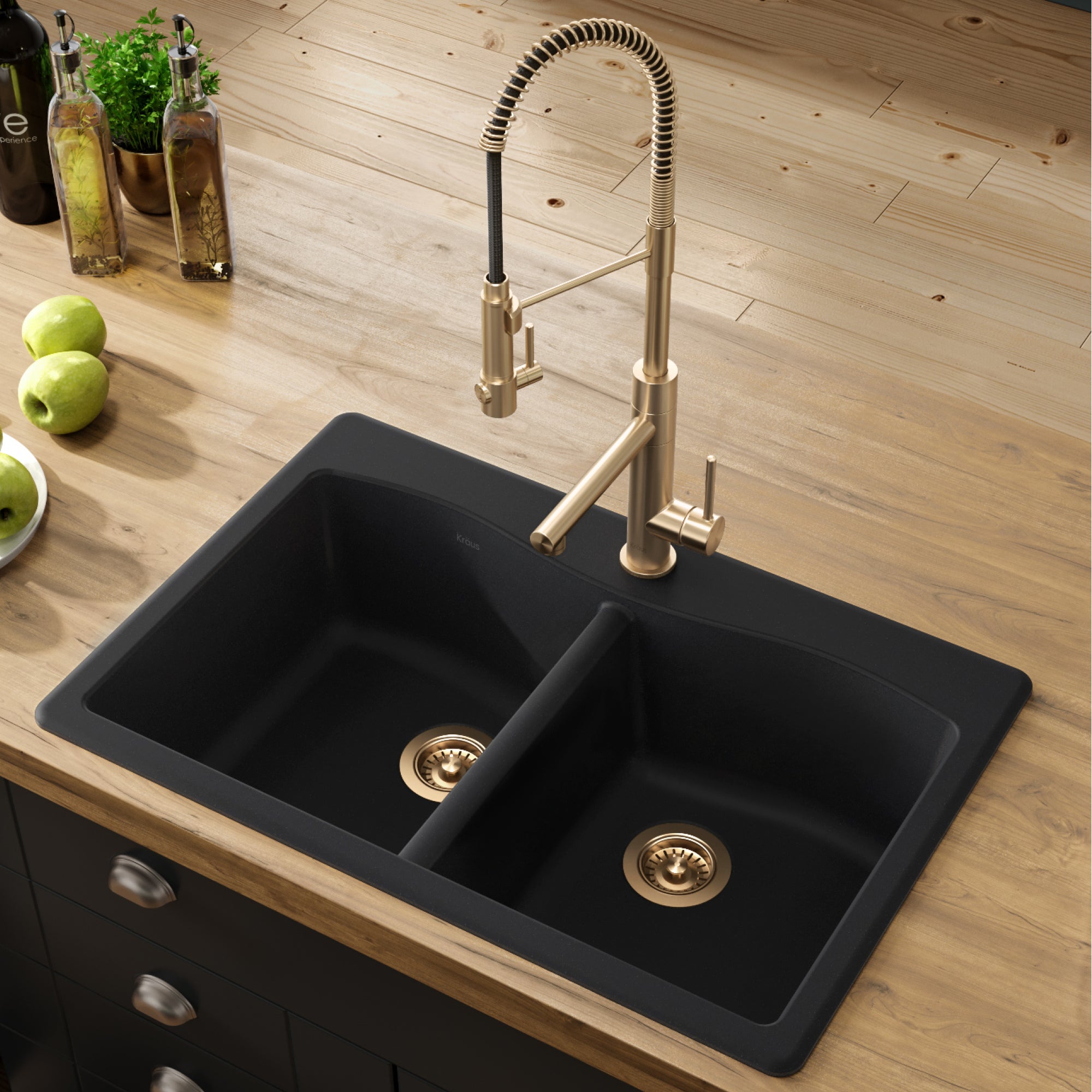 KRAUS Forteza 33" Dual Mount 50/50 Double Bowl Granite Kitchen Sink in Black-Kitchen Sinks-DirectSinks
