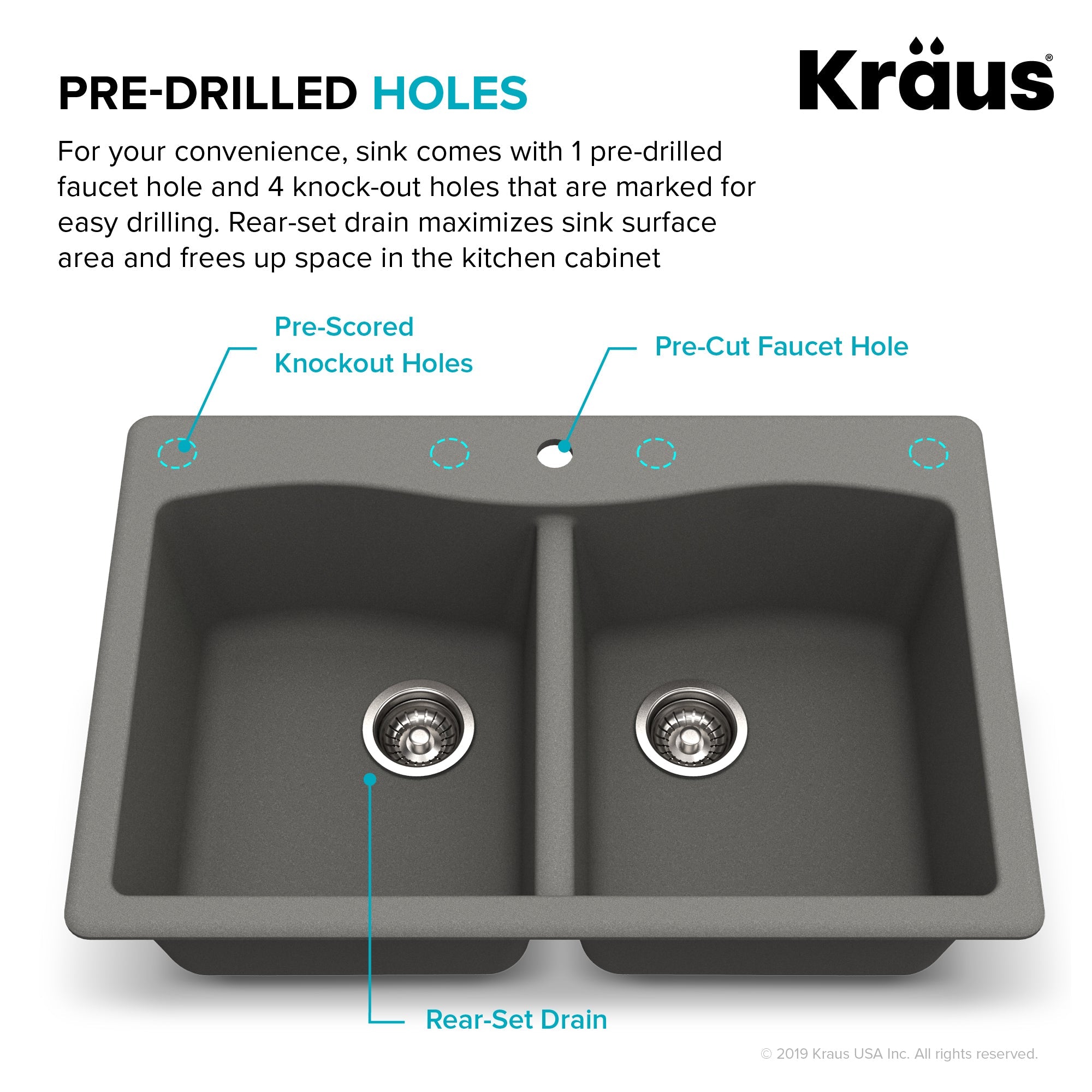 KRAUS Forteza 33" Dual Mount 50/50 Double Bowl Granite Kitchen Sink in Grey-Kitchen Sinks-DirectSinks