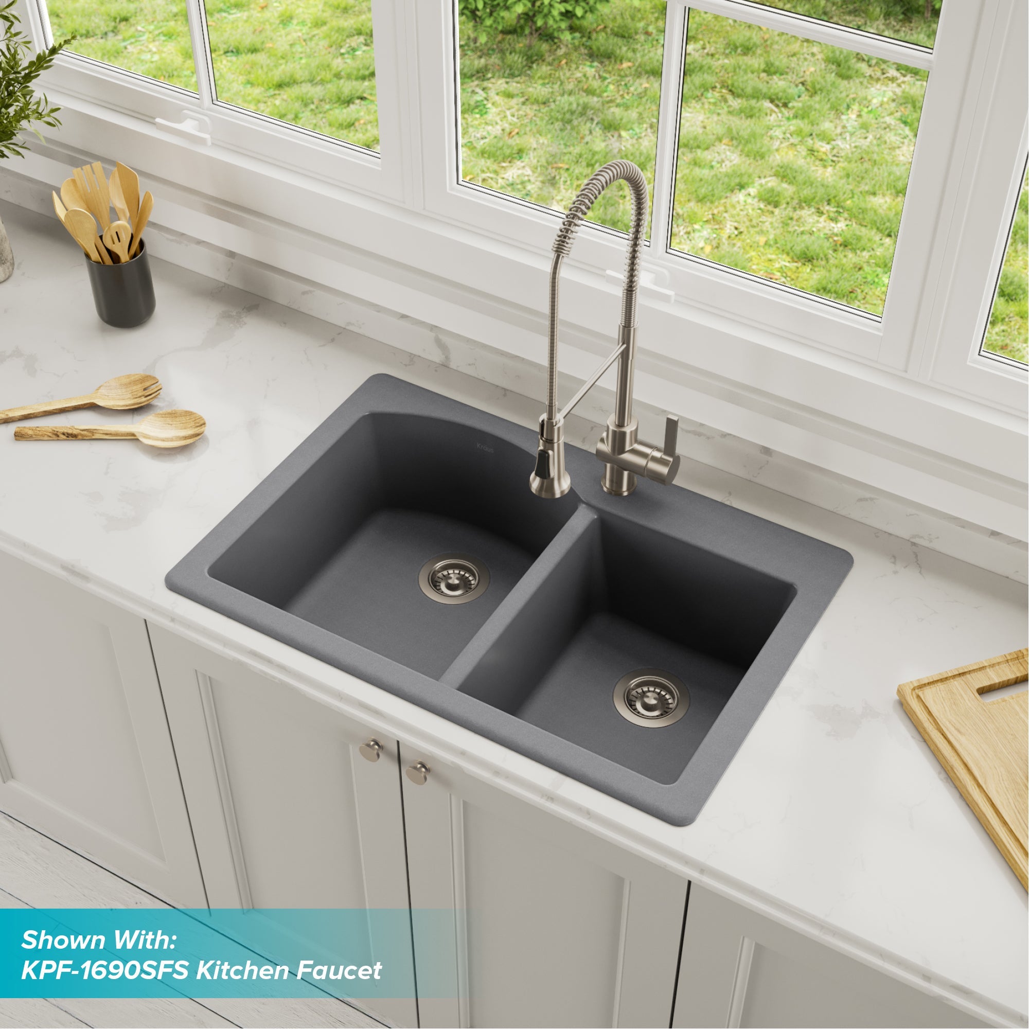 KRAUS Forteza 33" Dual Mount 60/40 Double Bowl Granite Kitchen Sink in Grey-Kitchen Sinks-DirectSinks