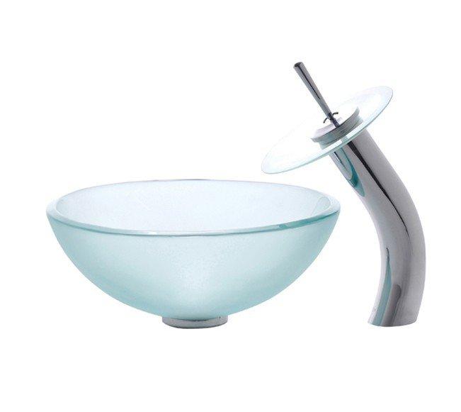 Kraus Frosted Glass Vessel Sink and Waterfall Faucet-Bathroom Sinks & Faucet Combos-DirectSinks