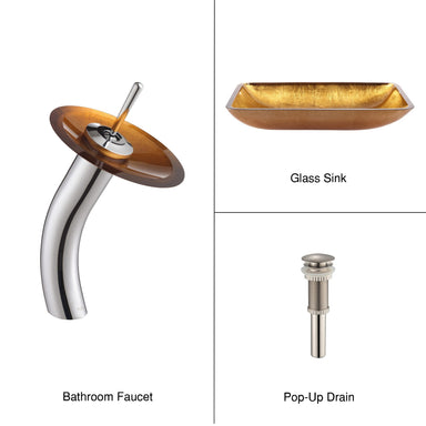 Kraus Golden Pearl Rectangular Glass Vessel Sink and Waterfall Faucet-Bathroom Sinks & Faucet Combos-DirectSinks