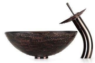 KRAUS Illusion Glass Vessel Sink in Brown with Single Hole Single-Handle Waterfall Faucet in Oil Rubbed Bronze-Bathroom Sinks & Faucet Combos-DirectSinks