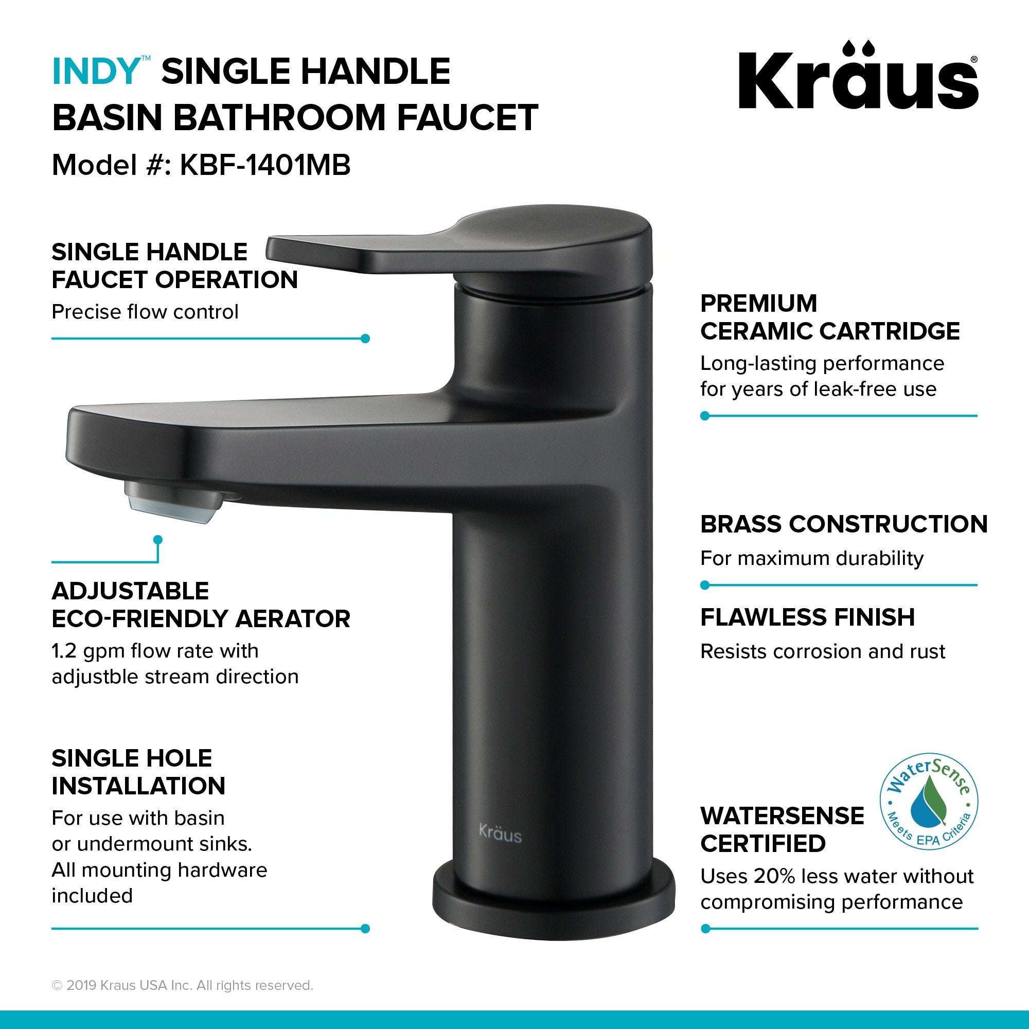 KRAUS Indy Single Handle 2-Pack Bathroom Faucet in Matte Black KBF-1401MB-2PK | DirectSinks