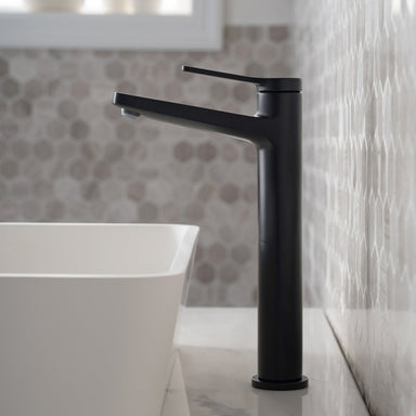 KRAUS Indy Single Handle Vessel Bathroom Faucet and Pop Up Drain in Matte Black KVF-1400MB-PU-10MB | DirectSinks