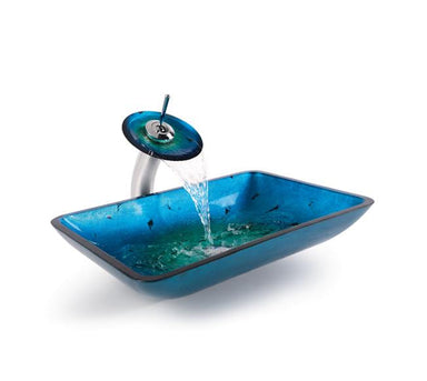 Kraus Irruption Blue Rectangular Glass Vessel Sink and Waterfall Faucet-KRAUS-DirectSinks