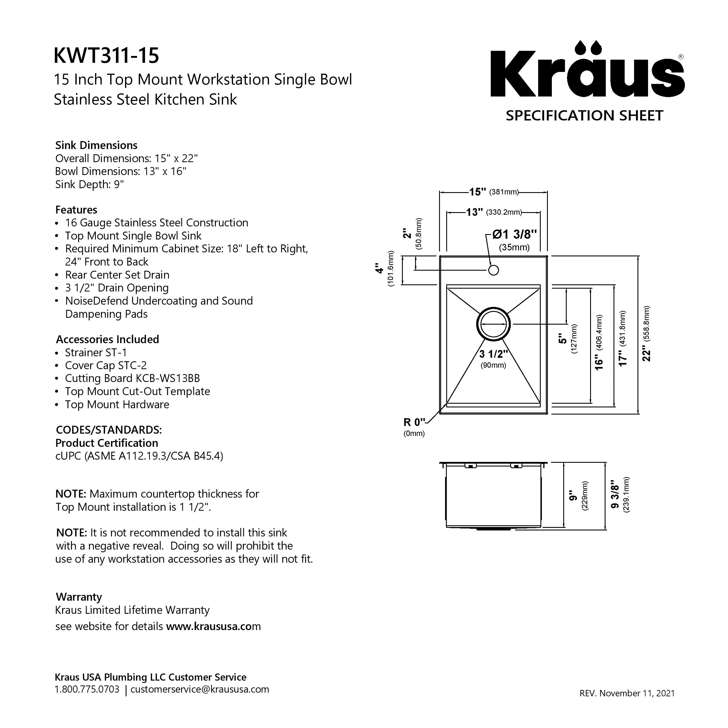 KRAUS Kore 15" Drop-In Workstation 16 Gauge Stainless Steel Single Bowl Kitchen Bar Sink with Accessories-Kitchen Sinks-DirectSinks